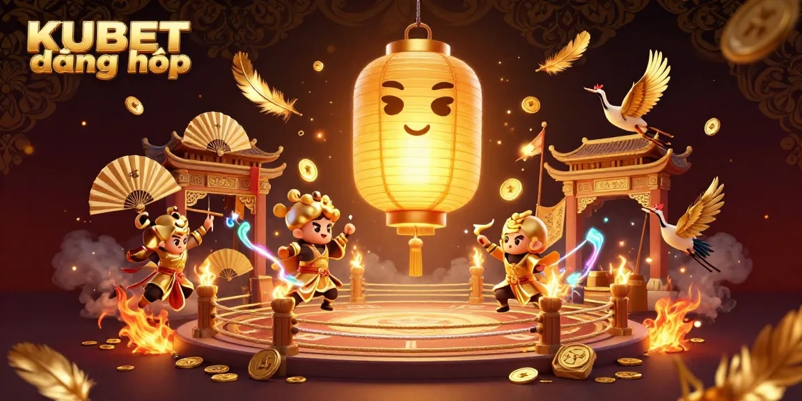 KUBET đăng nhập scene with a golden lantern spirit and entertainment elements, ideal for casino promotions.