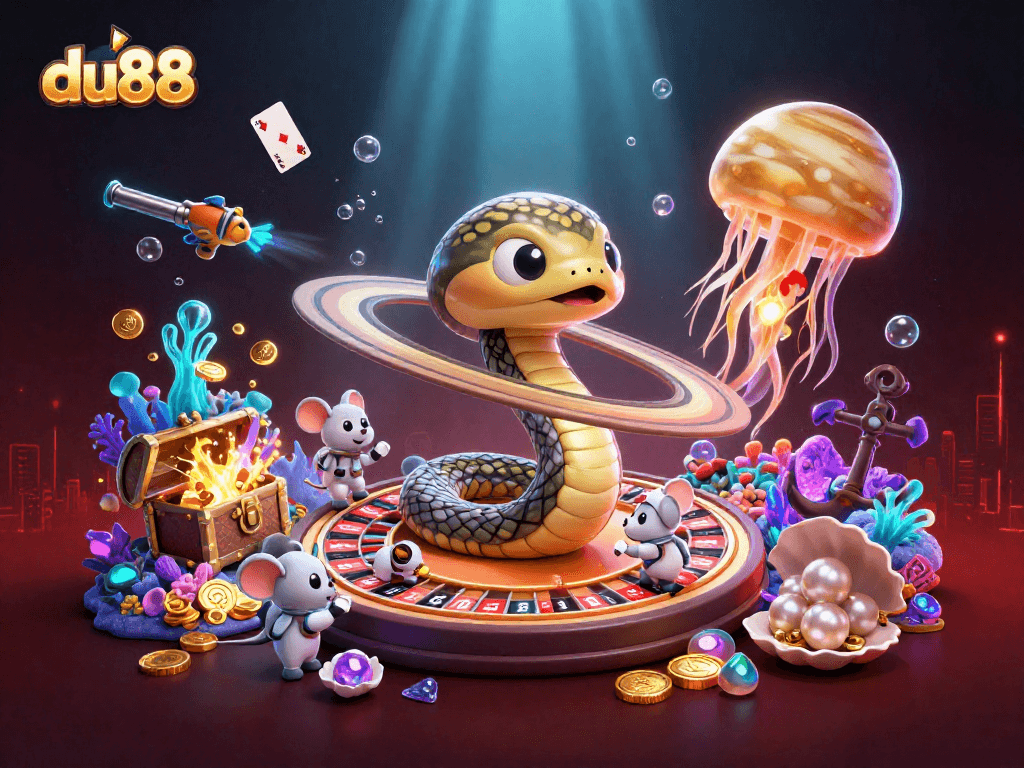 Experience thrilling bets at du88 with a magical cosmic scene of cartoon characters and casino elements.
