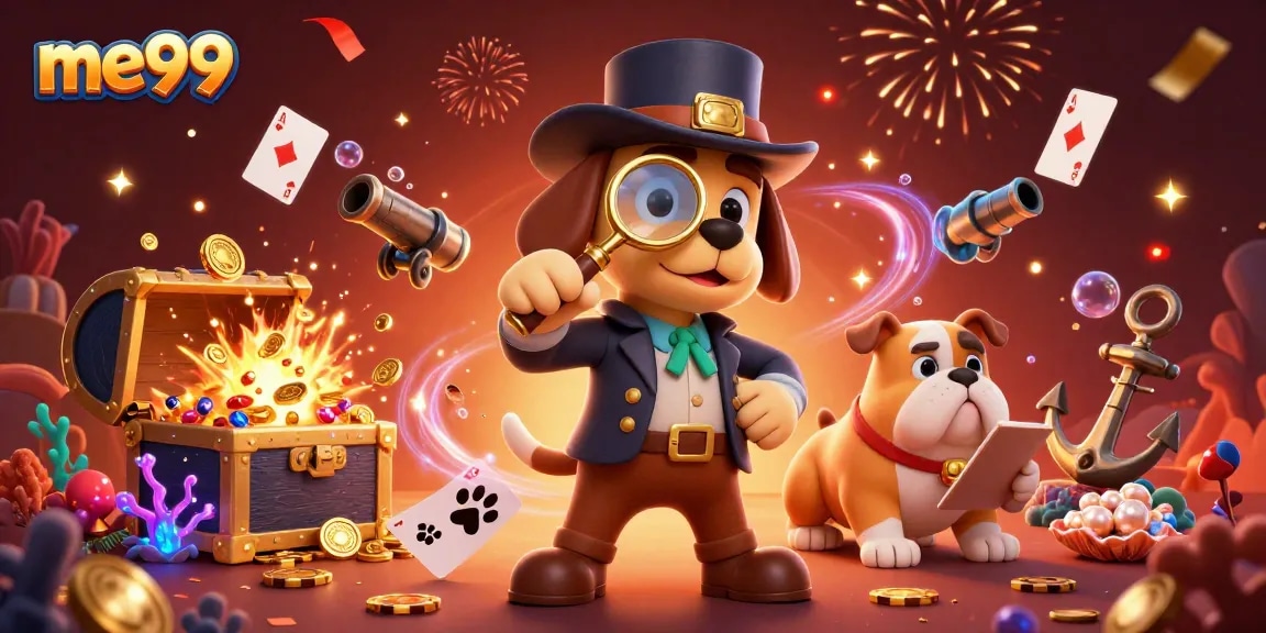 Uncover the excitement at me99 casino with a detective investigating treasure while surrounded by vibrant gaming elements.