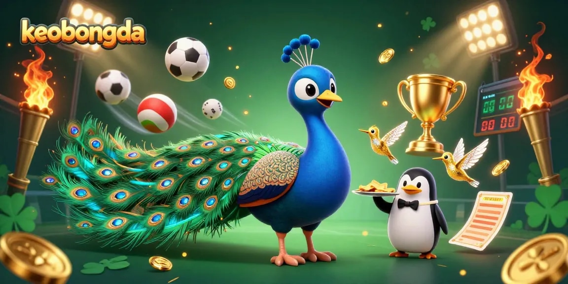 Engage with keobongda's vibrant sports betting scene showcasing a dazzling peacock, a diligent penguin, and dynamic sports elements.