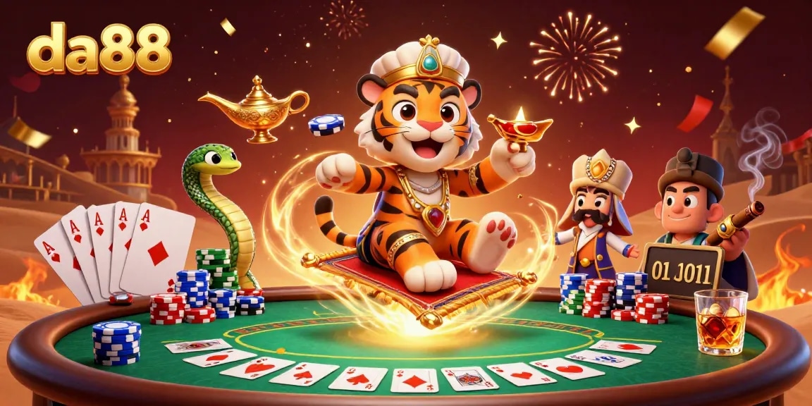 Experience the thrill of da88 with a vibrant 3D illustration of a tiger sultan in a dynamic casino setting.