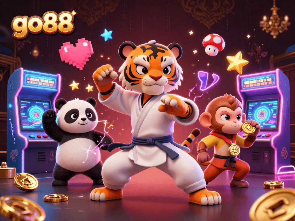 Experience go88 with a vibrant 3D digital illustration showcasing a kung fu tiger amidst casino elements.