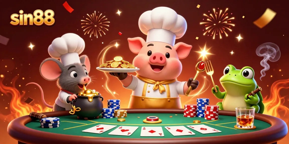 Play poker and win with sin88 in a vibrant casino scene featuring a chef pig, sous-chef mouse, and critic frog.