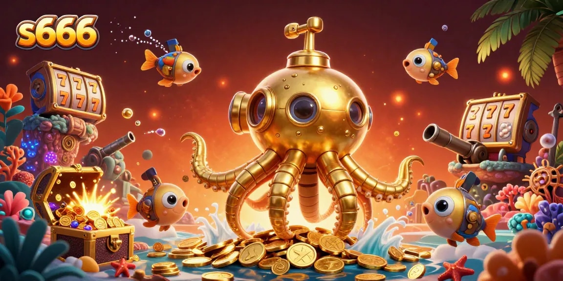 S666 elevates gaming excitement with the kraken submarine and gold coins in this action-packed scene.