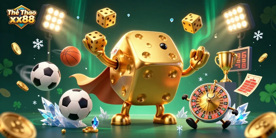 Thể Thao xx88 showcases a dynamic sports betting scene with golden dice and vibrant sports elements.