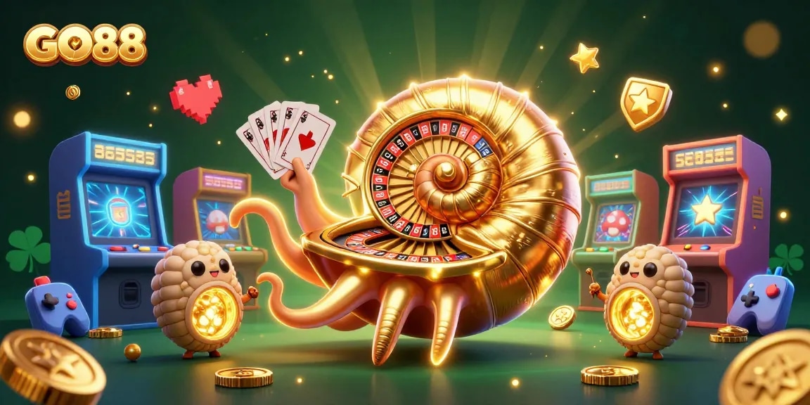 Experience the excitement of GO88 with a dazzling 3D casino scene featuring a giant nautilus and sparkling game elements.