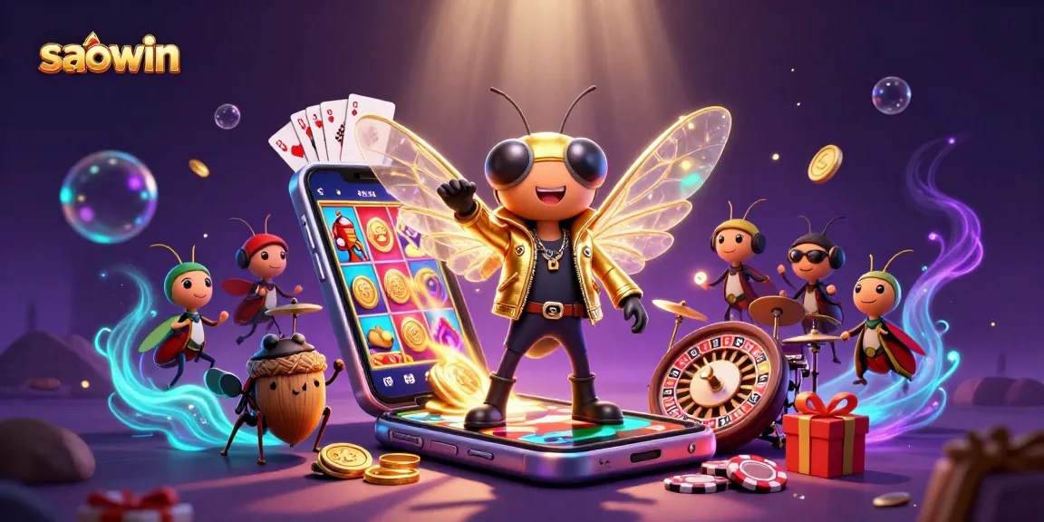Experience thrilling gameplay at saowin with a vibrant 3D casino party scene featuring animated characters and gaming elements.