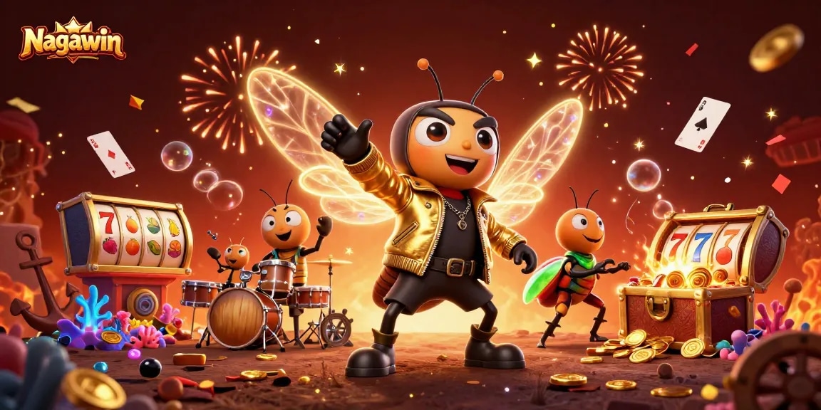 Engage in thrilling gaming action at Nagawin with vibrant 3D characters and casino elements.