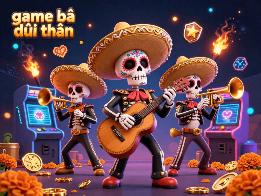 Engage with game bài đổi thưởng through a vibrant Mariachi band ensemble in this colorful 3D digital illustration.