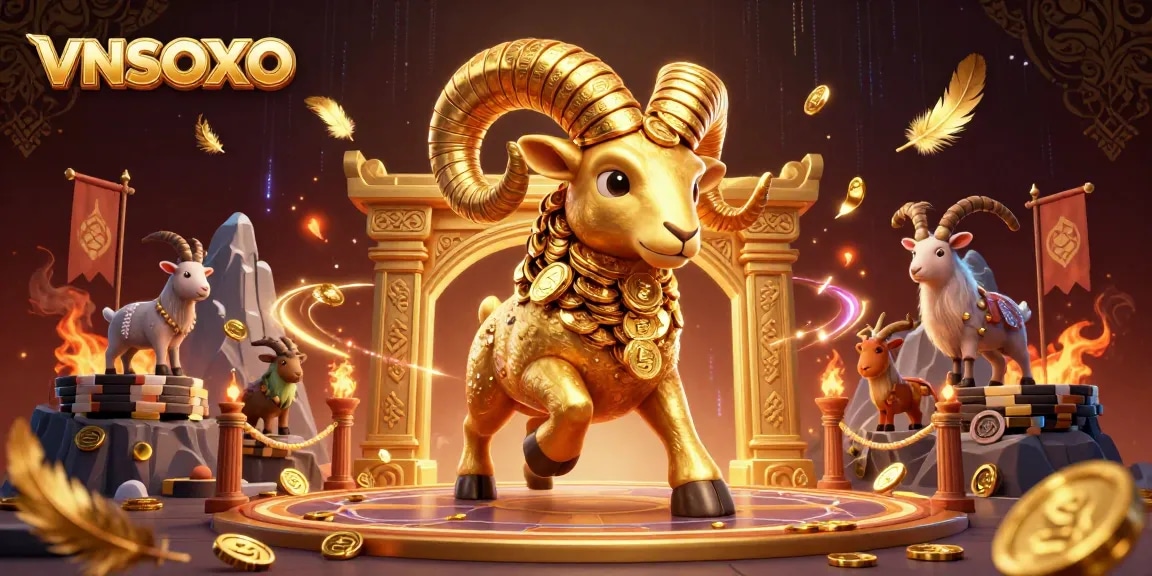 Engage in thrilling sports betting at VNSOXO, featuring an epic golden ram charging through a vibrant casino scene.
