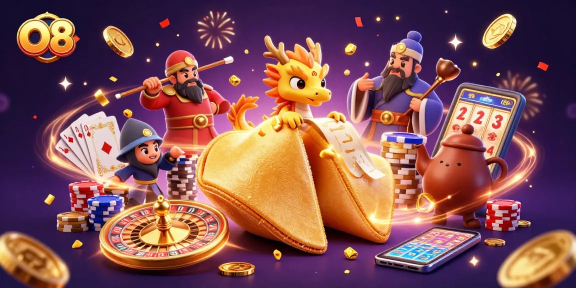 Spin with O8's vibrant casino scene featuring a lucky fortune cookie and golden treasures.