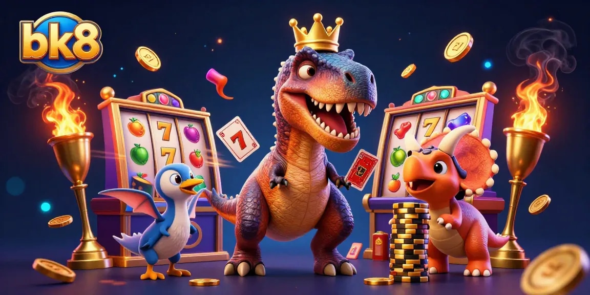 Experience bk8's thrilling games with a fun T-Rex dealing cards and pterodactyl assisting in a lively casino scene.