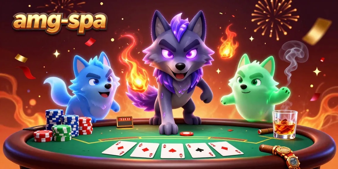 Engage with amg-spa's thrilling poker showdown featuring dynamic wolf characters and vibrant casino elements.