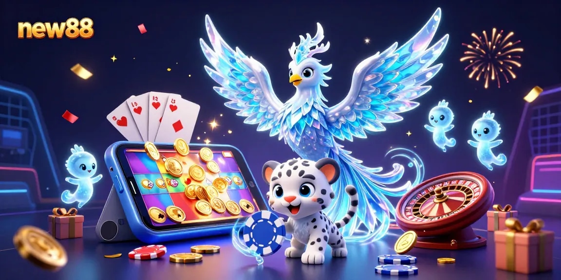Experience the vibrant energy of new88 through this dynamic 3D casino illustration, showcasing winning moments.