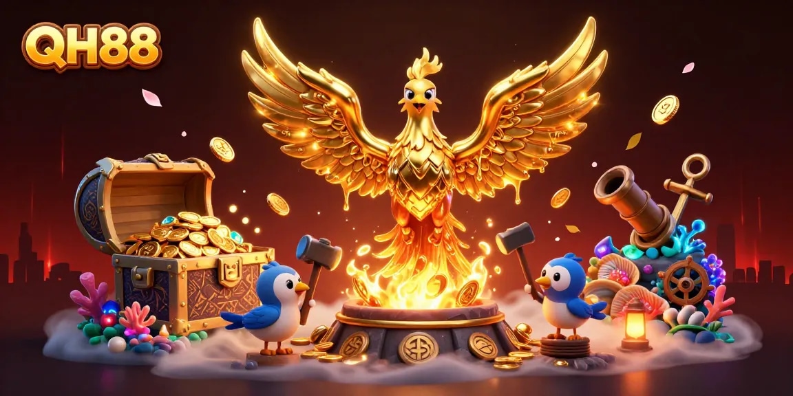 Experience thrilling gaming with QH88 as the phoenix rises amidst treasure and excitement.