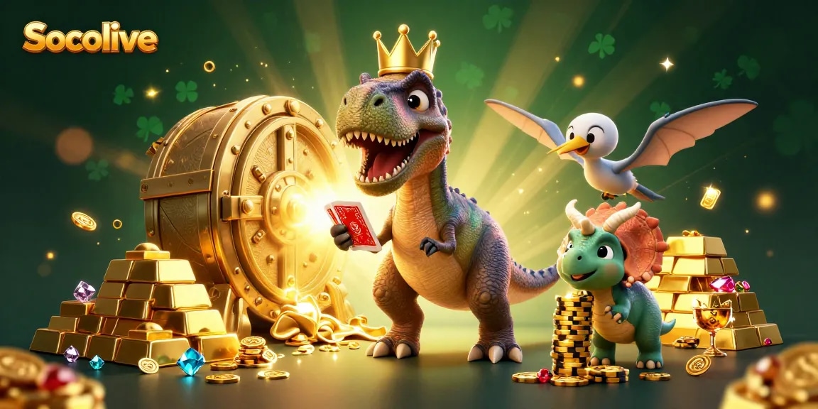 Socolive entertains gamblers with a cartoon T-Rex shuffling cards and a triceratops stacking chips amid treasures.