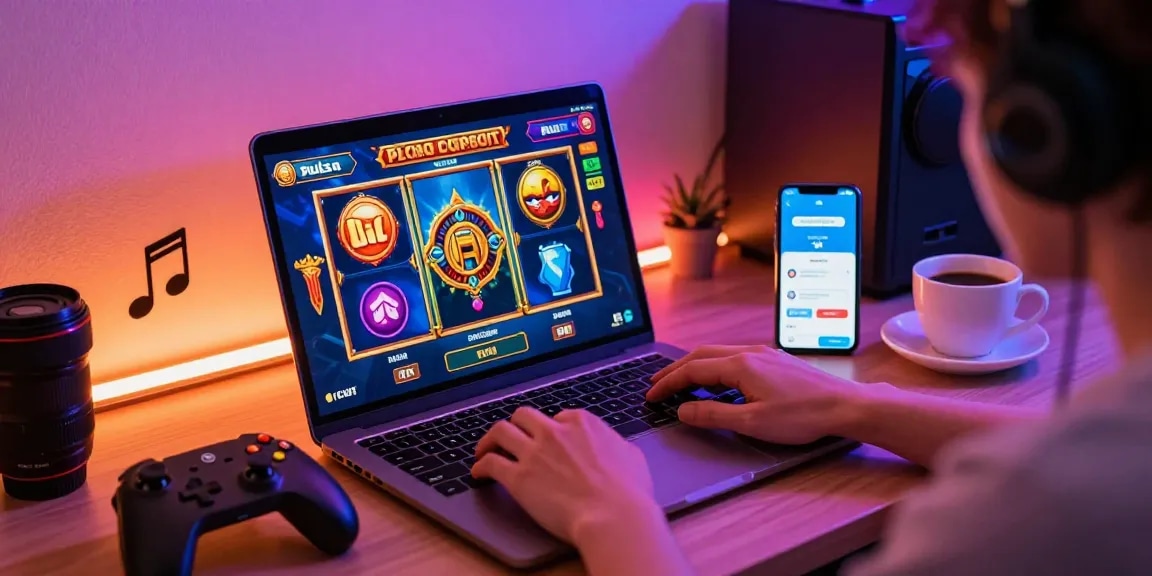 Engaging online gaming scene depicting depo pulsa 10k tanpa potongan excitement, featuring a player enjoying slots on a laptop with colorful graphics.