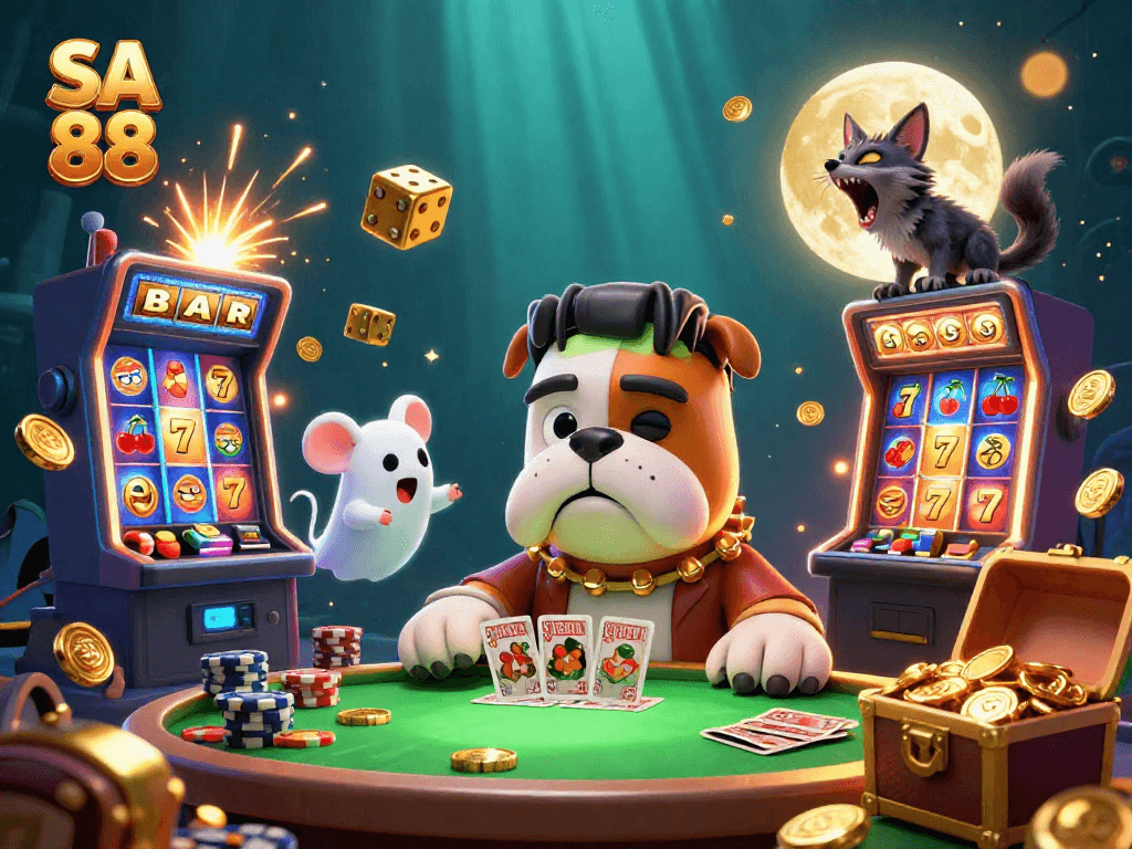 Experience thrilling wins at SA 88 with a vibrant 3D casino scene showcasing iconic characters and jackpot bursts.