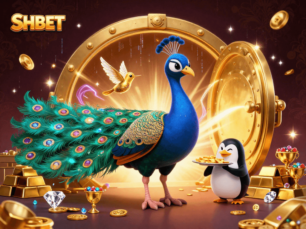 Experience dazzling gameplay at SHBET with a colorful casino illustration featuring unique characters and riches.