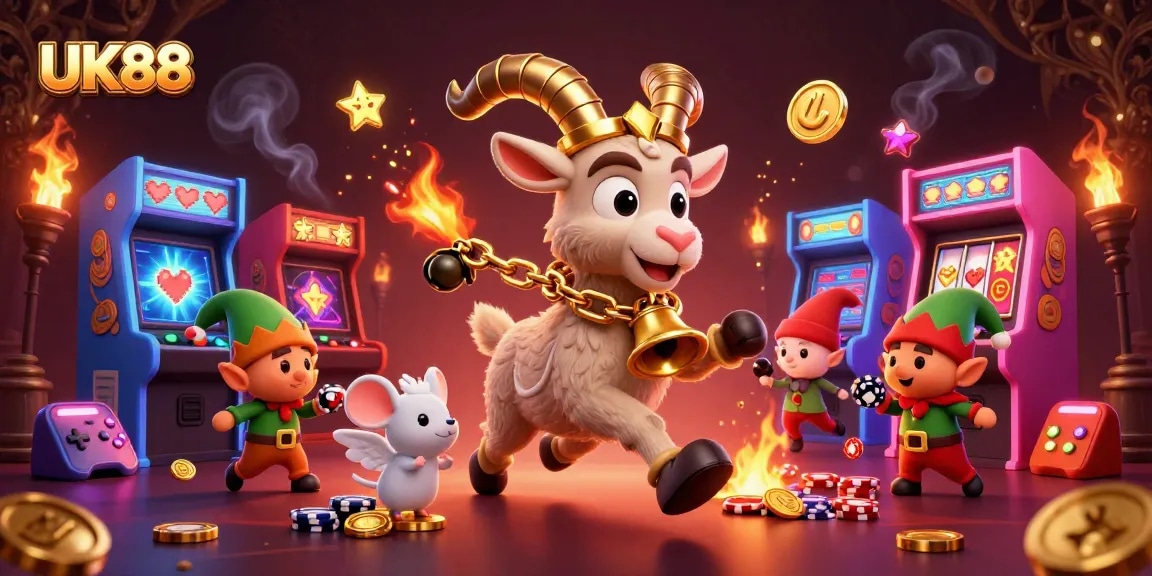 Experience the festive chaos of UK88's holiday casino with Krampus and playful characters stealing poker chips.