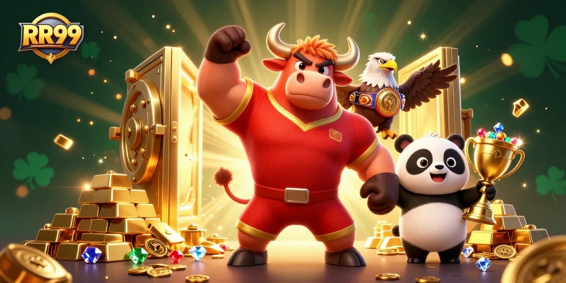 RR99 players celebrate wins with a victorious bull mascot, eagle, and panda amidst gleaming treasures and gold.