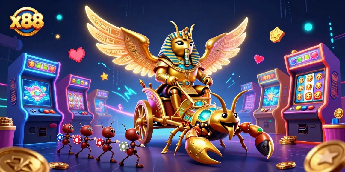 x88 players engage with vibrant slot machines and 3D characters in this dynamic online casino scene