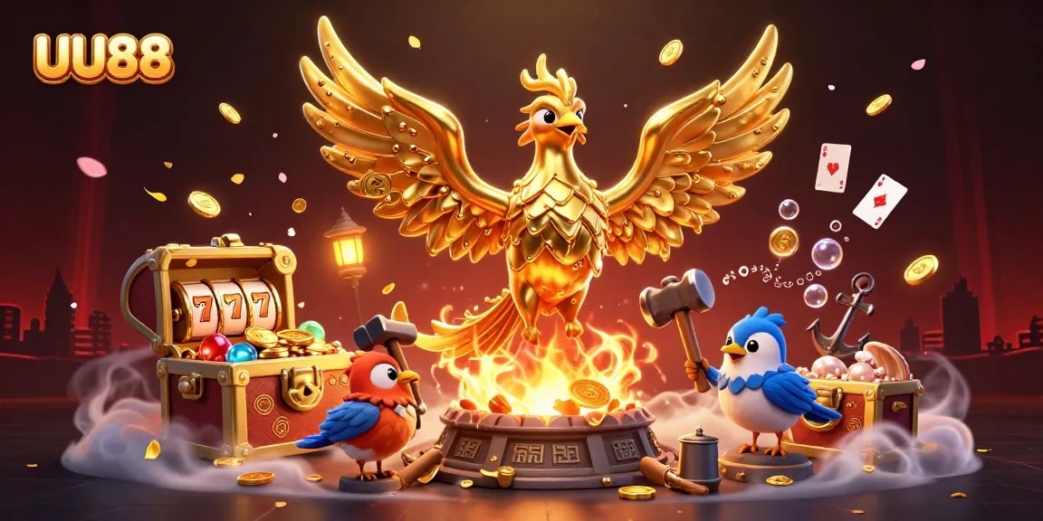 UU88 captivates players with a stunning 3D illustration featuring a golden phoenix and treasure elements.