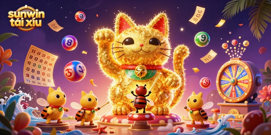 Experience the thrill of sunwin tài xỉu with a vibrant dynamic scene of a lucky cat and casino elements.