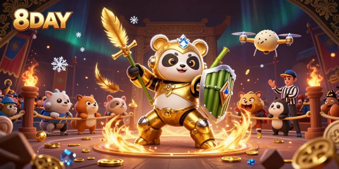 Experience the thrill of 8DAY with a golden panda battling in a vibrant casino arena.