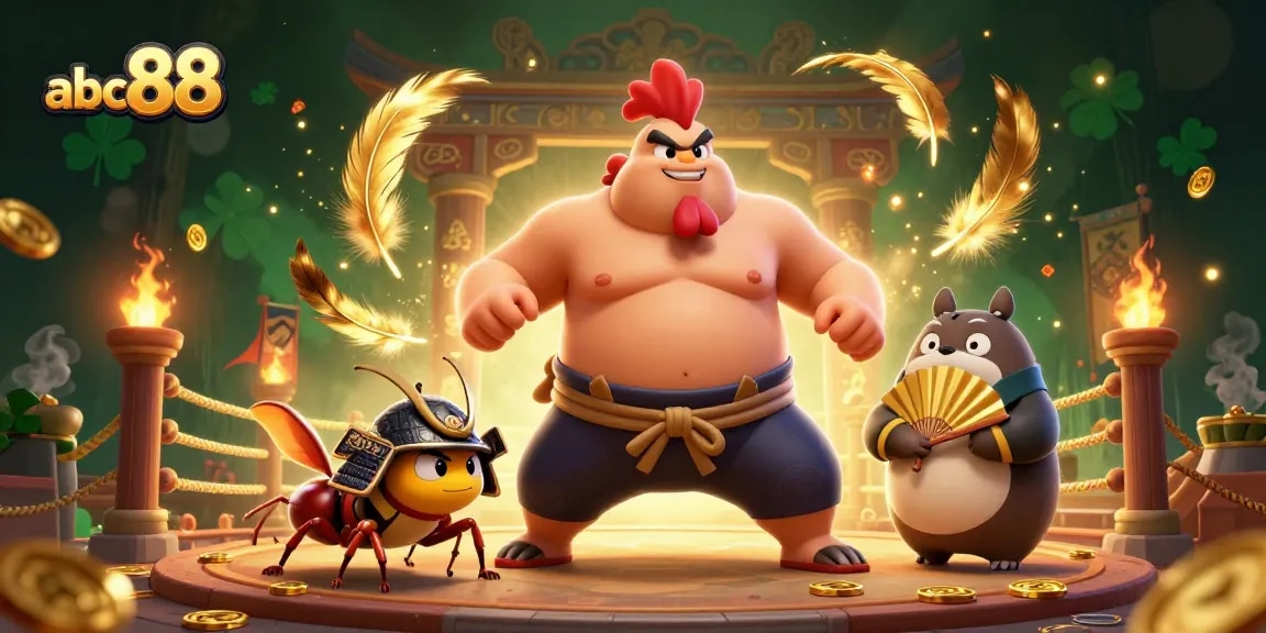 Experience an exciting abc88 arena with a powerful sumo rooster, cricket warrior, and a tanuki announcer.