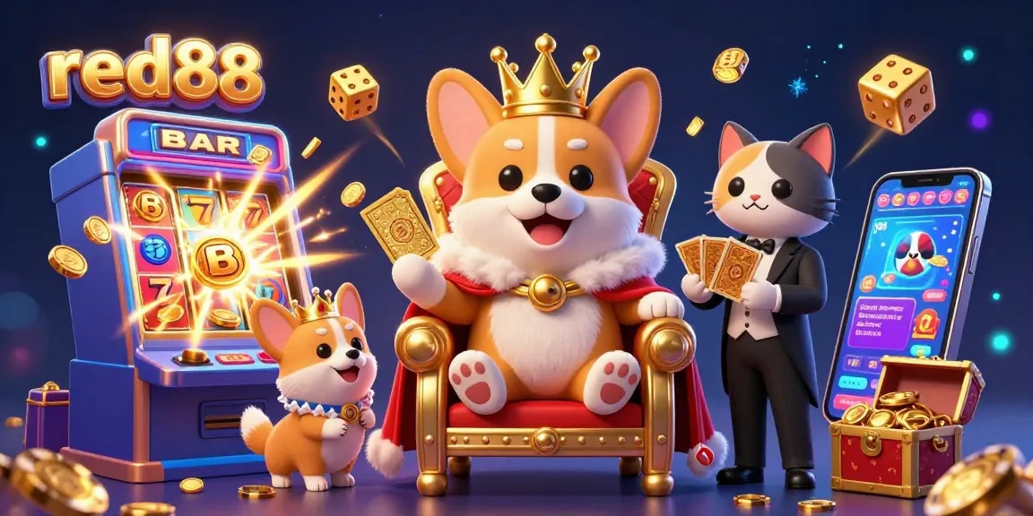 Experience the excitement of red88 with a royal corgi throne scene, dynamic jackpot explosion, and vibrant casino elements.