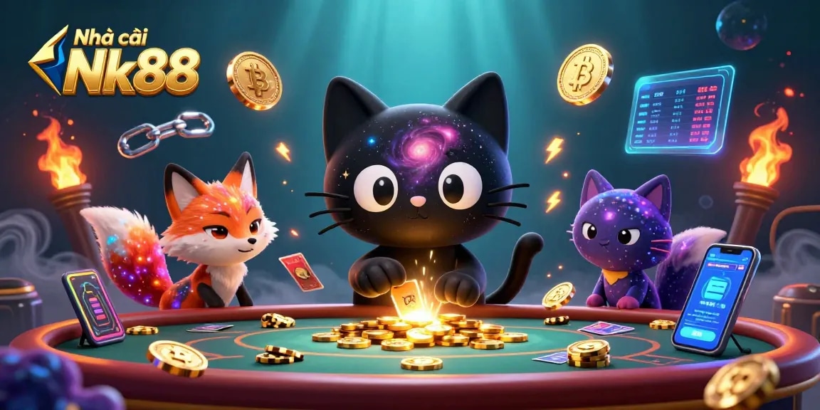 Engage with Nhà cái Nk88 in a vibrant cosmic casino scene filled with dynamic gaming elements and characters.