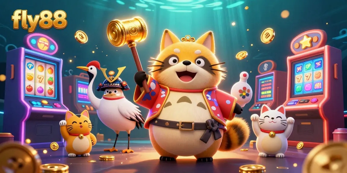 Engage with fly88's vibrant casino experience featuring lucky tanuki, colorful slot machines, and fun game elements.