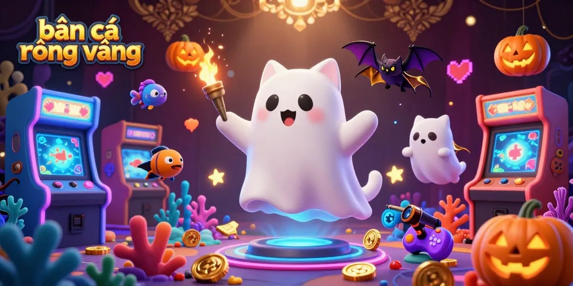 Engage in bắn cá rồng vàng with a ghost cat and vibrant sea life in a stunning 3D underwater scene.
