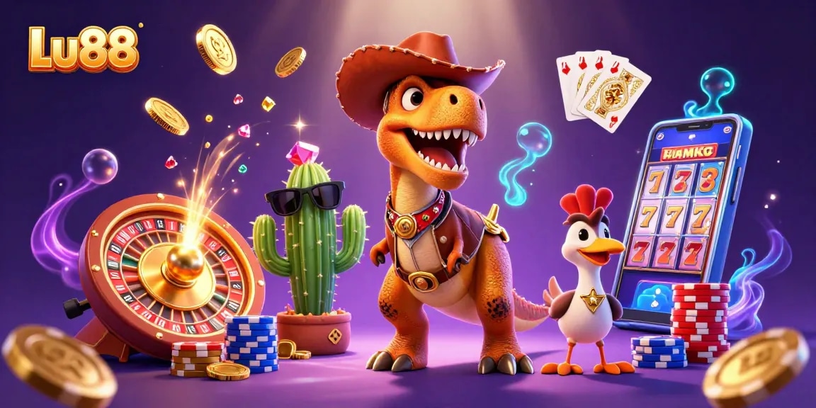 Lu88 brings excitement through vibrant slots and a 3D dinosaur scene with dazzling casino elements.