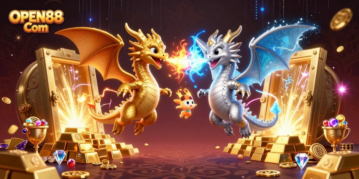 Experience thrilling gameplay at OPEN88 Com with shiny dragons and treasures in an engaging casino scene.
