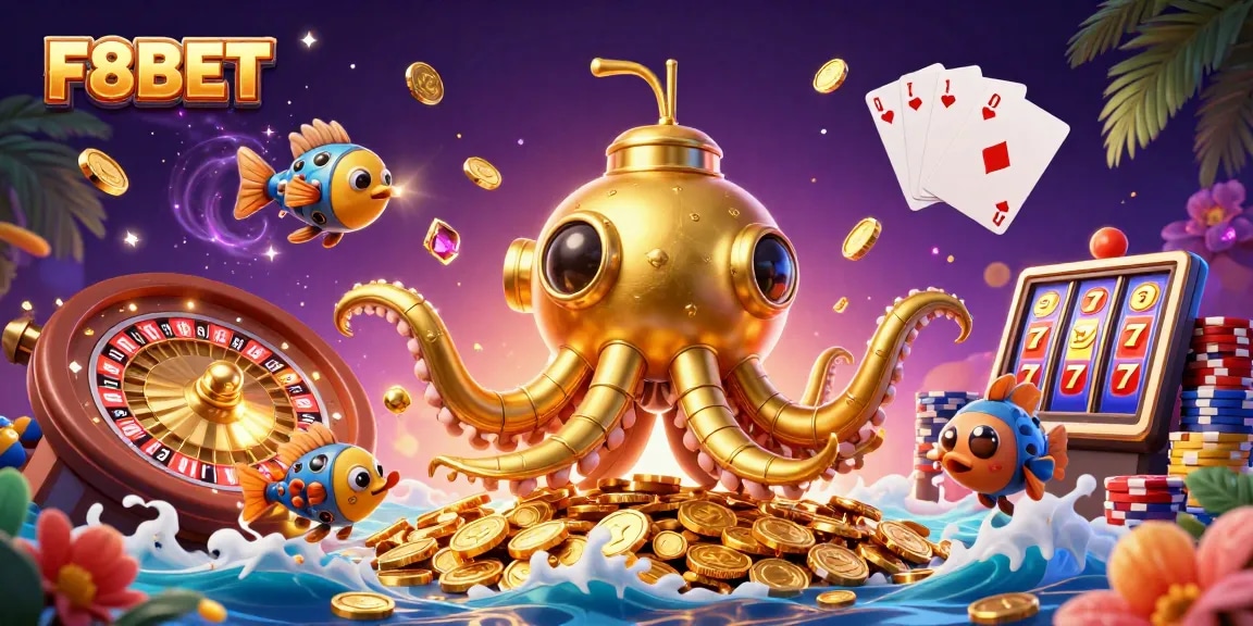Engage with F8BET's vibrant gaming world, showcasing a golden kraken submarine and casino elements.