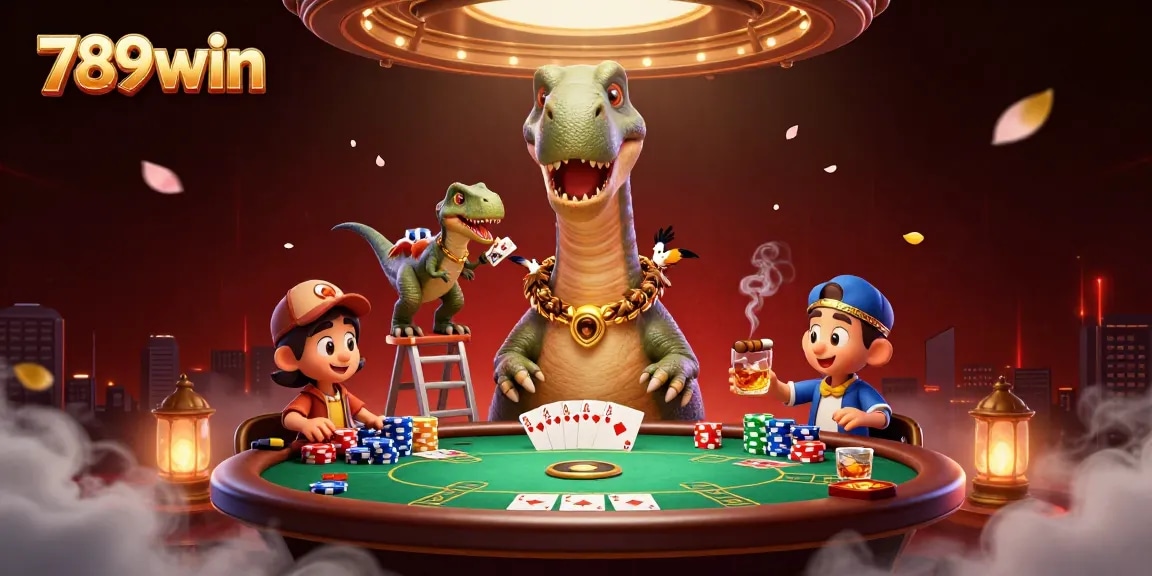 Experience thrilling poker action at 789win with a towering brontosaurus dealer and colorful chips.