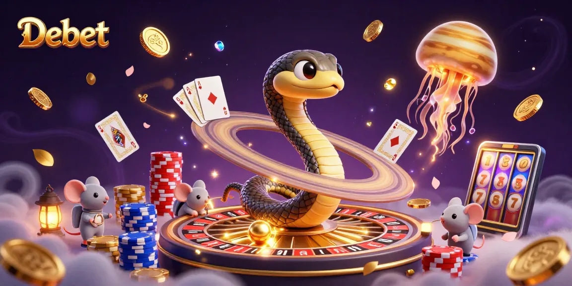 Debet's interactive casino scene with a unique Saturn ring snake roulette wheel and vibrant cosmic dealer.