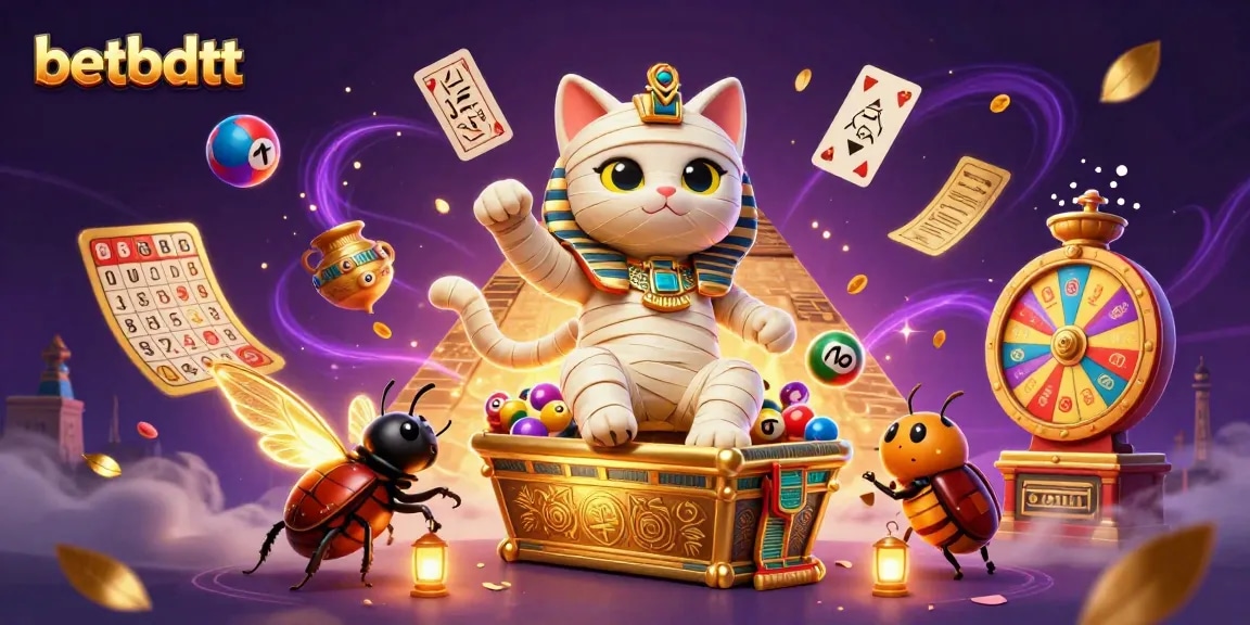 Engage with betbdtt's dynamic casino experience as an Egyptian mummy cat bursts forth among incredible gaming elements.