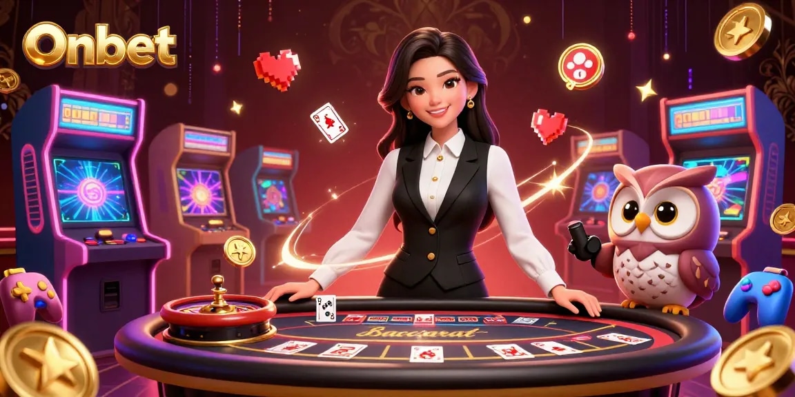 Experience the thrilling ambiance of Onbet with our 3D illustration showcasing a stylish dealer and dynamic casino elements.