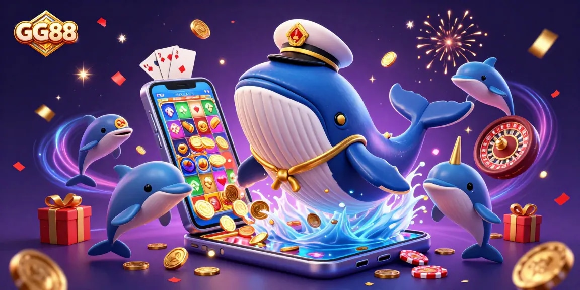 Join GG88’s thrilling illustration featuring a gigantic whale, playful dolphins, and exciting casino games!