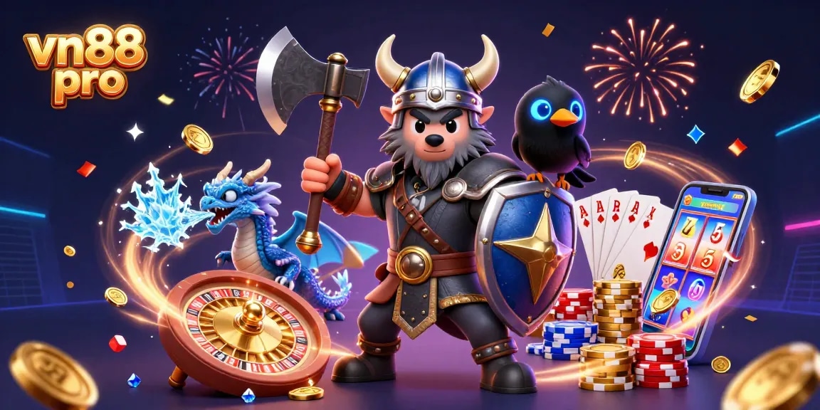 Engage with vn88 pro for epic gaming action featuring a Viking warrior amidst a dynamic casino landscape.