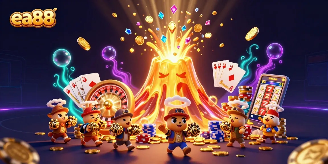 Experience ea88 excitement as the golden volcano erupts with coins and gems, surrounded by vivid casino elements.