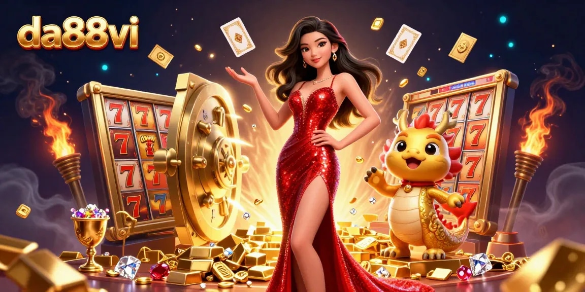 Experience excitement at da88vi, showcasing vibrant slot reels, a stunning Asian woman, and a charming dragon amidst the treasures.