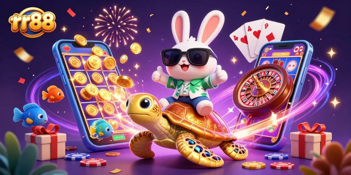 Experience thrilling gaming at rr88 with a lucky rabbit and golden sea turtle in a vibrant casino scene.