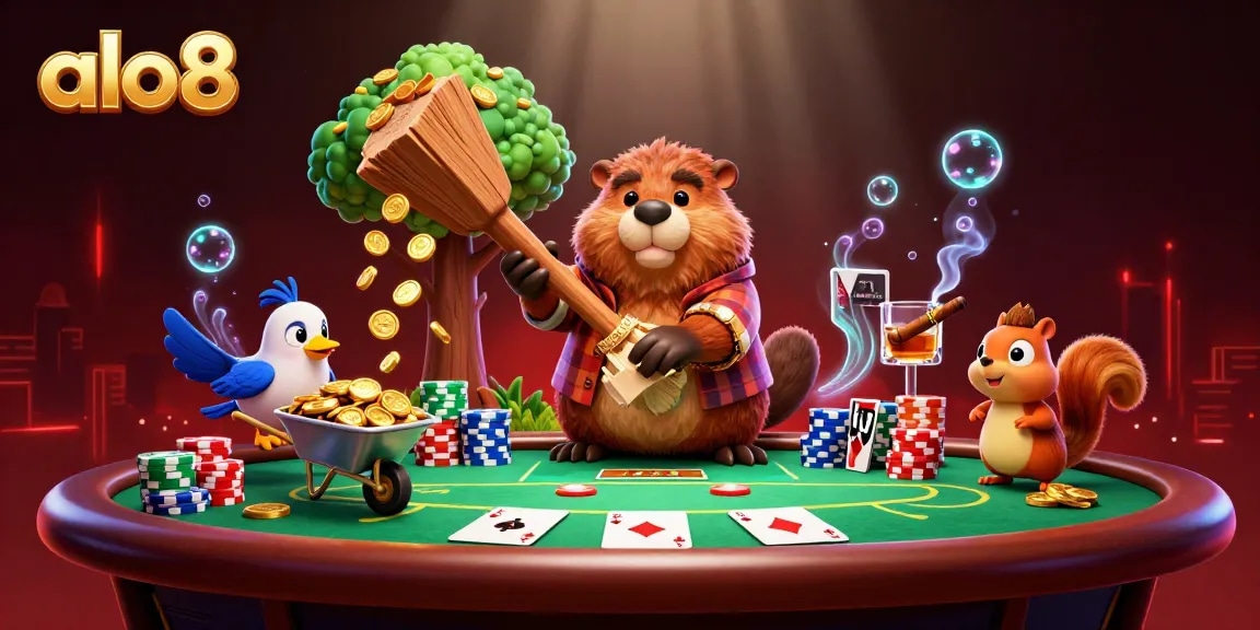 Bet on ALO8: A lively scene with a beaver, bird, and squirrel engaged in an energetic casino atmosphere filled with poker elements.