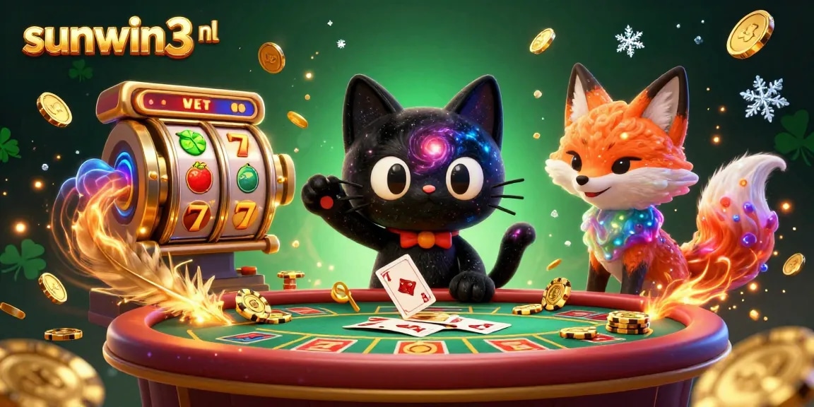 Experience thrilling wins at sunwin3 nl with a dynamic 3D casino scene featuring a black hole cat and vibrant fox.