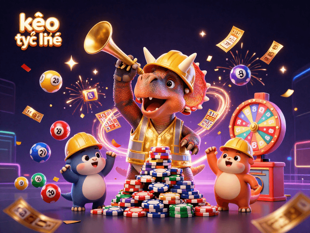 Engage in kèo trực tuyến as a 3D triceratops builds a poker chip pyramid in celebration.