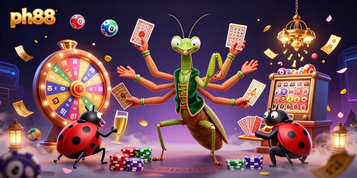 Action-packed scene showcasing ph88's vibrant casino experience with a giant praying mantis card sharp and lottery elements.